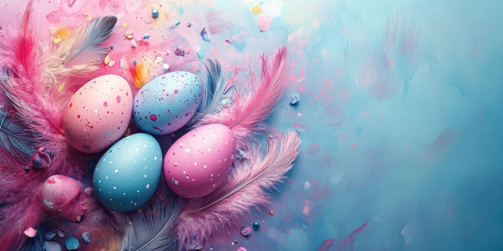 Decorated eggs with colorful feathers and pastel background create a festive atmosphere for Easter celebrations
